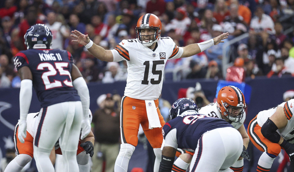 Dec 24, 2023; Houston, Texas, USA; Cleveland Browns quarterback Joe Flacco (15) at the line of scrimmage during the game against the Houston Texans at NRG Stadium.